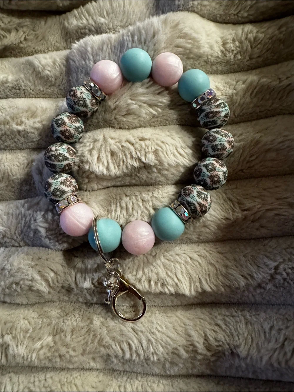 Handmade Pink & Aqua Bead Stretch Bracelet with Patterned Accents